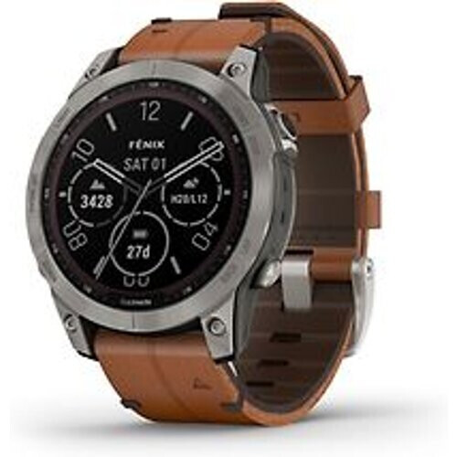 Refurbished Garmin Fenix 7 47 mm titanium met chestnut leren band [wifi, Sapphire Solar Edition] Tweedehands