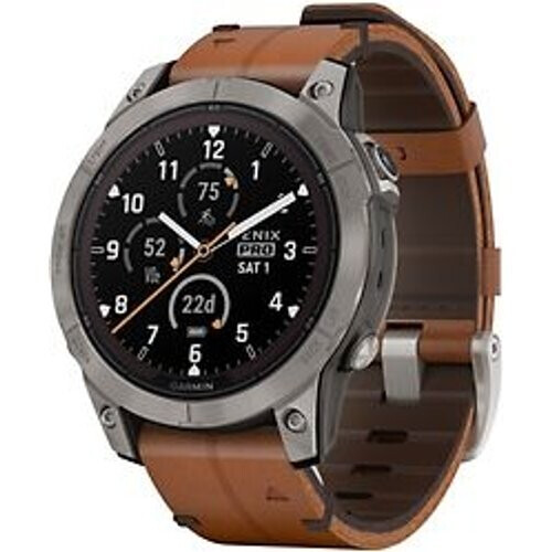 Refurbished Garmin Fenix 7 Pro 47 mm titanium met chestnut leren band [wifi, Sapphire Solar Edition] Tweedehands