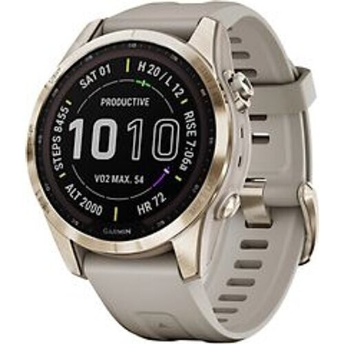 Refurbished Garmin Fenix 7S 42 mm cream gold titanium met light sand polsband [wifi, Sapphire Solar Edition] Tweedehands