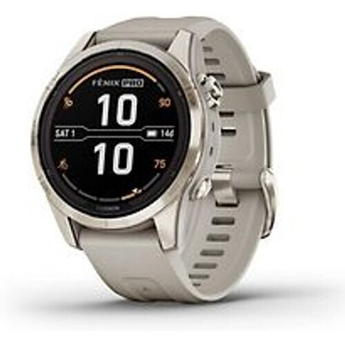 Refurbished Garmin Fenix 7S Pro 42 mm goud met beige polsband [wifi, Sapphire Solar Edition] Tweedehands