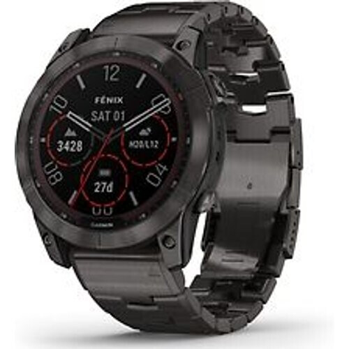 Refurbished Garmin Fenix 7X 51 mm carbon grey DLC titanium met carbon grey DLC vented titanium polsband [wifi, Sapphire Solar Edition] Tweedehands
