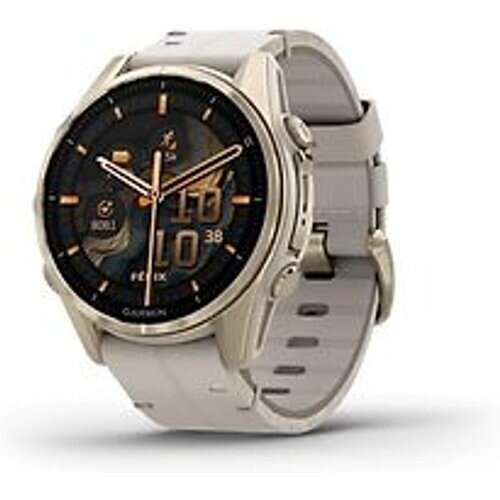 Refurbished Garmin Fenix 8 43 mm goud titanium met mistig grijs polsband [wifi, Sapphire Edition] Tweedehands