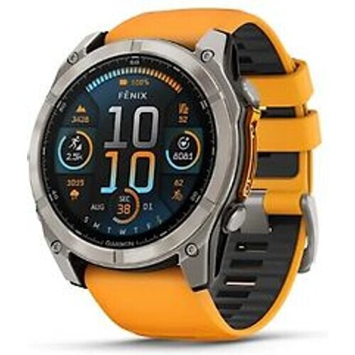 Refurbished Garmin Fenix 8 47 mm titanium met oranje polsband [wifi, Sapphire Edition] Tweedehands
