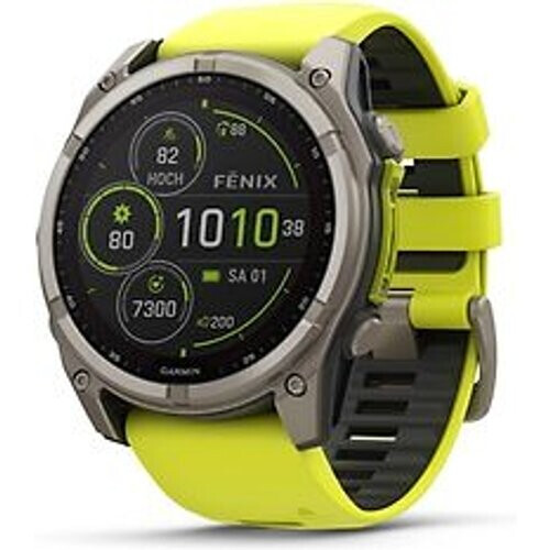 Refurbished Garmin Fenix 8 51 mm titanium met siliconen polsband geel [wifi, Saphire Solar Edition] Tweedehands