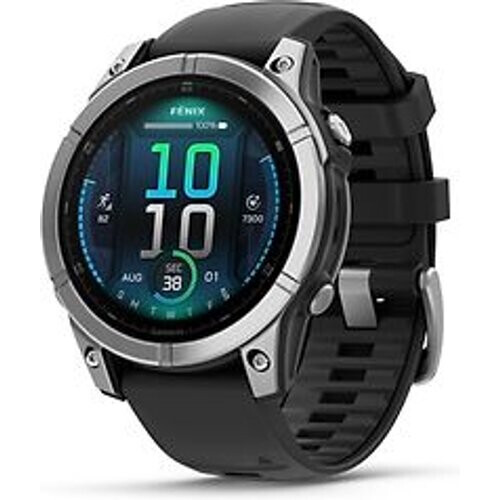 Refurbished Garmin Fenix E 47 mm zilver met een zwarte siliconen polsband Tweedehands