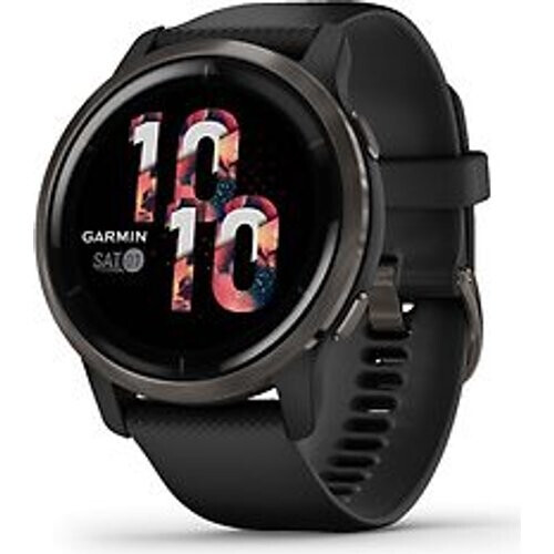 Refurbished Garmin Venu 2 45 mm slate rand van roestvrij staal met zwarte behuizing en siliconen polsband [wifi] Tweedehands