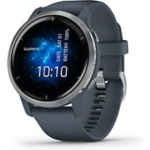 Refurbished Garmin Venu 2 45 mm zilverkleurige rand van roestvrij staal met granite blue behuizing en siliconen polsband [wifi] Tweedehands