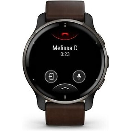 Refurbished Garmin Venu 2 Plus 43 mm slate rand van roestvrij staal met slate behuizing en bruin leren polsband [wifi] Tweedehands