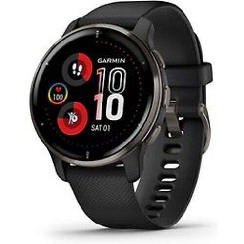Refurbished Garmin Venu 2 Plus 43 mm slate rand van roestvrij staal met zwarte behuizing en siliconen polsband [wifi] Tweedehands