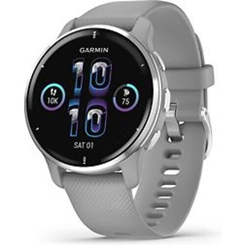 Refurbished Garmin Venu 2 Plus 43 mm zilverkleurige rand van roestvrij staal met powder grey behuizing en siliconenbandje [wifi] Tweedehands