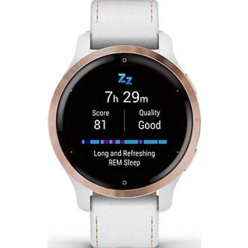 Refurbished Garmin Venu 2S 40 mm rose gold rand van roestvrij staal met witte behuizing en leren polsband [wifi] Tweedehands