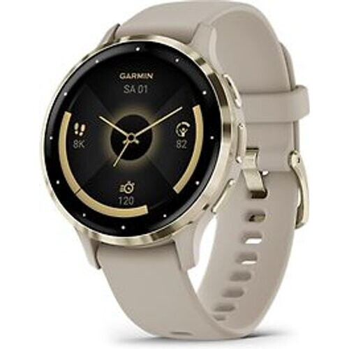 Refurbished Garmin Venu 3S 41 mm goud van roestvrij staal met grijs behuizing en siliconen polsband [wifi] Tweedehands
