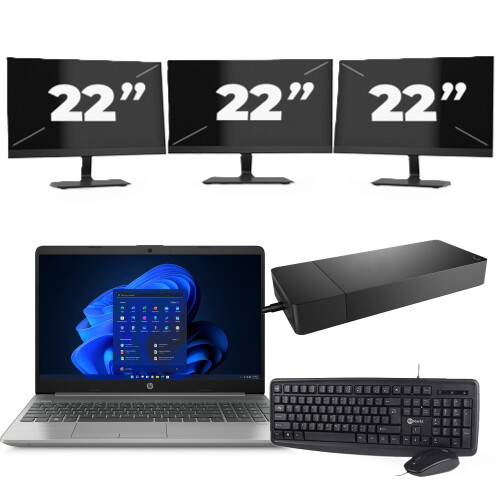 Refurbished HP 250 G8 - Intel Core i3-11e Generatie - 15 inch - 8GB RAM - 256GB SSD - Windows 11 Home + 3x 22 inch Monitor Tweedehands