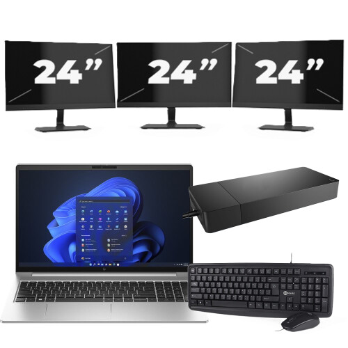 Refurbished HP EliteBook 650 G10 - Intel Core i7-13e Generatie - 15 inch - 16GB RAM - 256GB SSD - Windows 11 Home + 3x 24 inch Monitor