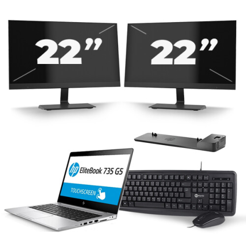 Refurbished HP EliteBook 735 G5 - AMD Ryzen 5 PRO 2500U - 13 inch - 8GB RAM - 256GB SSD - Windows 10 + 2x 22 inch Monitor Tweedehands