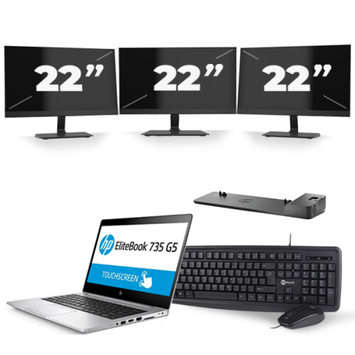 Refurbished HP EliteBook 735 G5 - AMD Ryzen 5 PRO 2500U - 13 inch - 8GB RAM - 256GB SSD - Windows 10 + 3x 22 inch Monitor Tweedehands