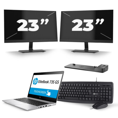 Refurbished HP EliteBook 735 G5 - AMD Ryzen 5 PRO 2500U - 13 inch - 8GB RAM - 256GB SSD - Windows 10 + 2x 23 inch Monitor Tweedehands