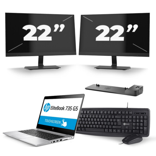Refurbished HP EliteBook 735 G5 - AMD Ryzen 5 PRO 2500U - 13 inch - 8GB RAM - 256GB SSD - Windows 10 + 2x 22 inch Monitor Tweedehands