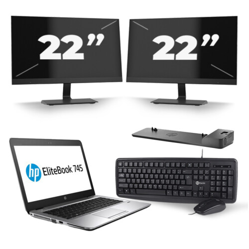 Refurbished HP EliteBook 745 G3 - AMD PRO A10-8700B - 14 inch - 8GB RAM - 256GB SSD - Windows 11 + 2x 22 inch Monitor Tweedehands