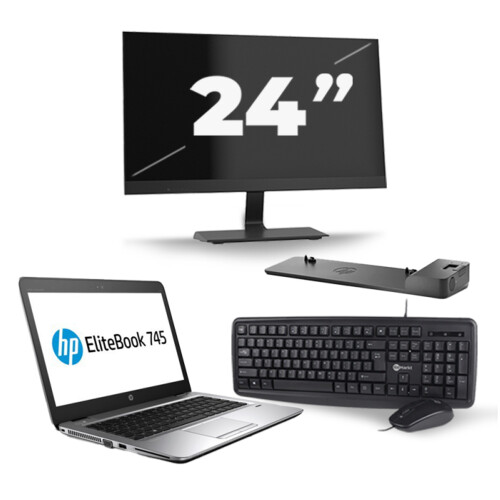 Refurbished HP EliteBook 745 G3 - AMD PRO A10-8700B - 14 inch - 8GB RAM - 256GB SSD - Windows 11 + 1x 24 inch Monitor Tweedehands