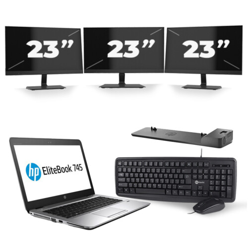 Refurbished HP EliteBook 745 G3 - AMD PRO A10-8700B - 14 inch - 8GB RAM - 256GB SSD - Windows 11 + 3x 23 inch Monitor Tweedehands