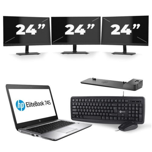 Refurbished HP EliteBook 745 G3 - AMD PRO A10-8700B - 14 inch - 8GB RAM - 256GB SSD - Windows 11 + 3x 24 inch Monitor Tweedehands