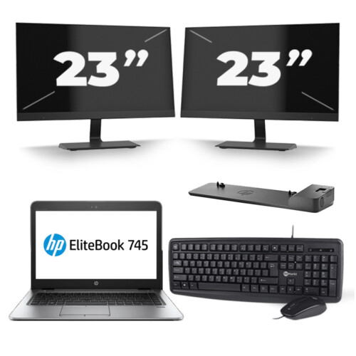 Refurbished HP EliteBook 745 G4 - AMD PRO A10-8730B - 14 inch - 8GB RAM - 256GB SSD - Windows 11 + 2x 23 inch Monitor Tweedehands