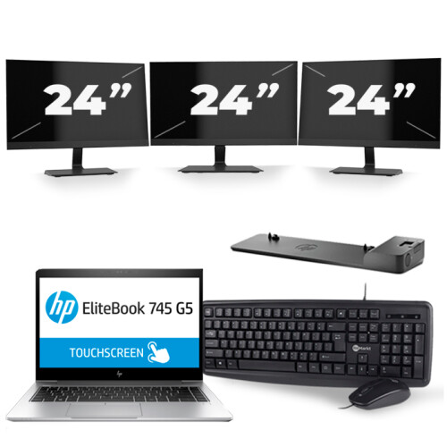 Refurbished HP EliteBook 745 G5 - AMD Ryzen 5 2500U - 14 inch - 8GB RAM - 256GB SSD - Windows 10 + 3x 24 inch Monitor Tweedehands