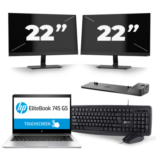 Refurbished HP EliteBook 745 G5 - AMD Ryzen 7 2700U - 14 inch - 16GB RAM - 256GB SSD - Windows 10 + 2x 22 inch Monitor Tweedehands