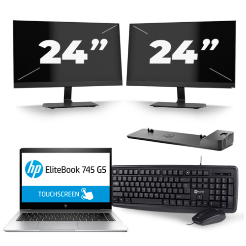 Refurbished HP EliteBook 745 G5 - AMD Ryzen 7 2700U - 14 inch - 16GB RAM - 256GB SSD - Windows 10 + 2x 24 inch Monitor Tweedehands