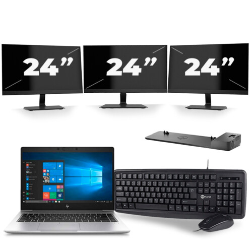 Refurbished HP EliteBook 745 G6 - AMD Ryzen 5 3500U - 14 inch - 8GB RAM - 256GB SSD - Windows 11 Home + 3x 24 inch Monitor Tweedehands