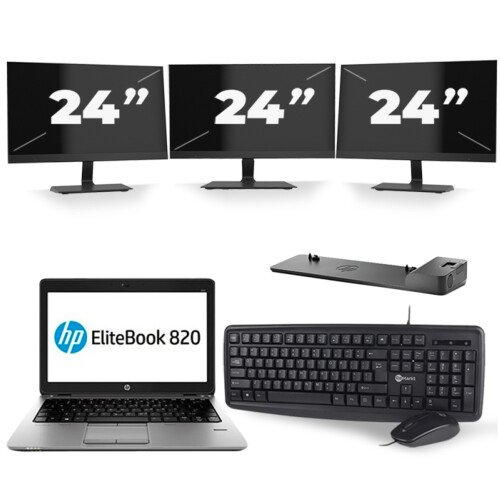 Refurbished HP EliteBook 820 G3 - Intel Core i7-6e Generatie - 12 inch - 8GB RAM - 256GB SSD - Windows 11 + 3x 24 inch Monitor Tweedehands