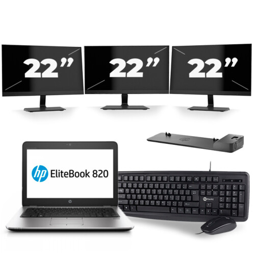 Refurbished HP EliteBook 820 G4 - Intel Core i5-7e Generatie - 12 inch - 8GB RAM - 256GB SSD - Windows 11 + 3x 22 inch Monitor Tweedehands