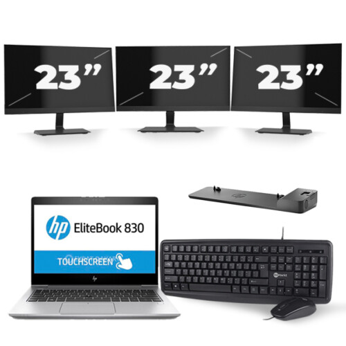 Refurbished HP EliteBook 830 G5 - Intel Core i7-8e Generatie - 13 inch - 16GB RAM - 256GB SSD - Windows 11 + 3x 23 inch Monitor Tweedehands