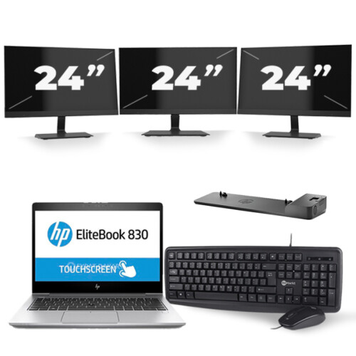 Refurbished HP EliteBook 830 G5 - Intel Core i7-8e Generatie - 13 inch - 16GB RAM - 256GB SSD - Windows 11 + 3x 24 inch Monitor Tweedehands