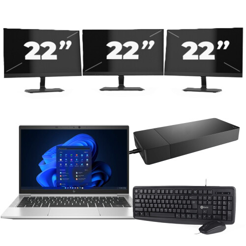 Refurbished HP EliteBook 835 G8 - AMD Ryzen 3 PRO 5450U - 13 inch - 8GB RAM - 256GB SSD - Windows 11 Home + 3x 22 inch Monitor Tweedehands