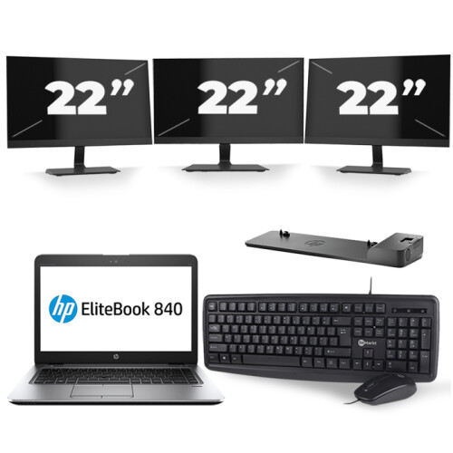 Refurbished HP EliteBook 840 G1 - Intel Core i7-4e Generatie - 14 inch - 8GB RAM - 240GB SSD - Windows 11 + 3x 22 inch Monitor Tweedehands