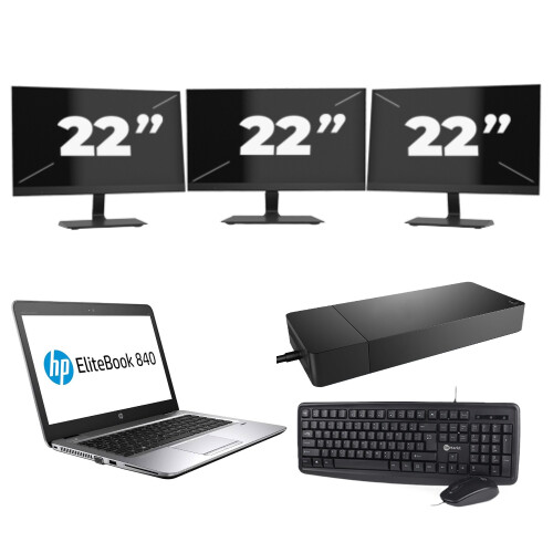 Refurbished HP EliteBook 840 G3 - Intel Core i5-6e Generatie - 14 inch - 8GB RAM - 256GB SSD - Windows 11 + 3x 22 inch Monitor Tweedehands