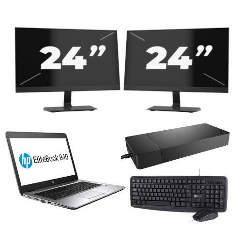 Refurbished HP EliteBook 840 G3 - Intel Core i7-6e Generatie - 14 inch - 8GB RAM - 256GB SSD - Windows 11 + 2x 24 inch Monitor Tweedehands