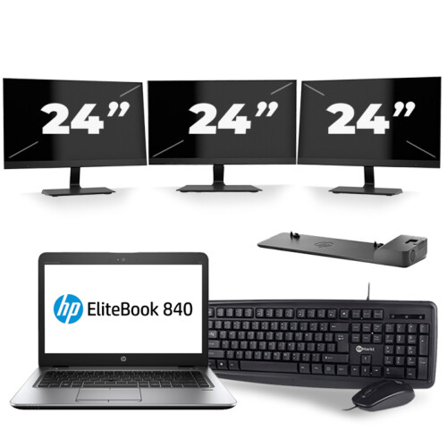Refurbished HP EliteBook 840 G4 - Intel Core i5-7e Generatie - 14 inch - 8GB RAM - 256GB SSD - Windows 11 + 3x 24 inch Monitor Tweedehands