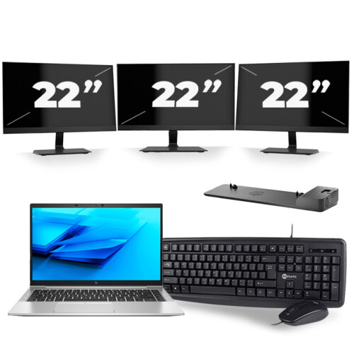 Refurbished HP EliteBook 840 G7 - Intel Core i5-10e Generatie - 14 inch - 8GB RAM - 256GB SSD - Windows 11 + 3x 22 inch Monitor Tweedehands