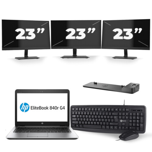 Refurbished HP EliteBook 840r G4 - Intel Core i5-7e Generatie - 14 inch - 8GB RAM - 256GB SSD - Windows 11 + 3x 23 inch Monitor Tweedehands