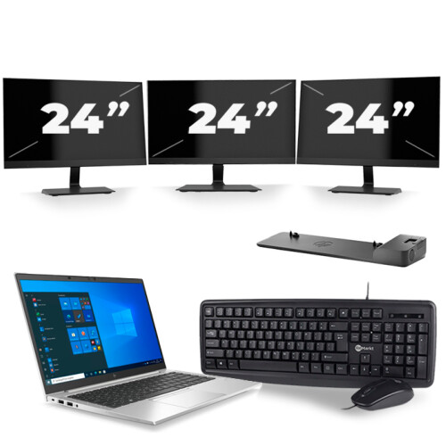 Refurbished HP EliteBook 845 G7 - AMD Ryzen 3 Pro 4450U - 14 inch - 8GB RAM - 256GB SSD - Windows 10 Home + 3x 24 inch Monitor Tweedehands