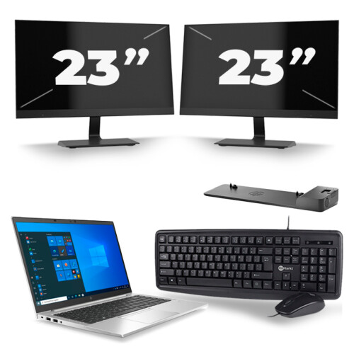 Refurbished HP EliteBook 845 G7 - AMD Ryzen 3 Pro 4450U - 14 inch - 8GB RAM - 256GB SSD - Windows 10 Home + 2x 23 inch Monitor Tweedehands