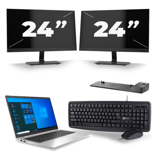 Refurbished HP EliteBook 845 G7 - AMD Ryzen 3 Pro 4450U - 14 inch - 8GB RAM - 256GB SSD - Windows 10 Home + 2x 24 inch Monitor Tweedehands