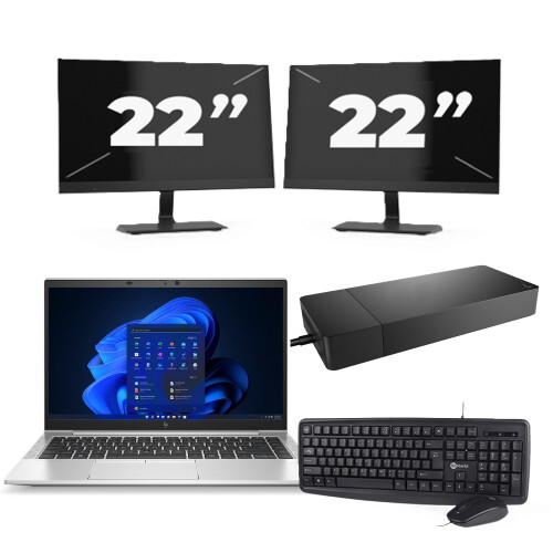 Refurbished HP EliteBook 845 G8 - AMD Ryzen 3 PRO 5400U - 14 inch - 8GB RAM - 256GB SSD - Windows 11 Home + 2x 22 inch Monitor Tweedehands