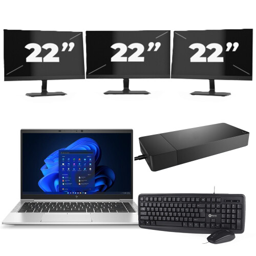 Refurbished HP EliteBook 845 G8 - AMD Ryzen 3 PRO 5400U - 14 inch - 8GB RAM - 256GB SSD - Windows 11 Home + 3x 22 inch Monitor Tweedehands