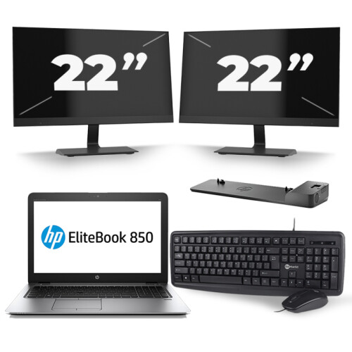Refurbished HP EliteBook 850 G3 - Intel Core i5-6e Generatie - 15 inch - 8GB RAM - 240GB SSD - Windows 11 + 2x 22 inch Monitor Tweedehands