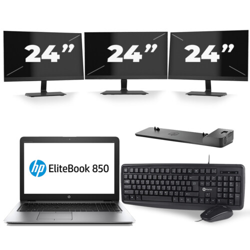Refurbished HP EliteBook 850 G3 - Intel Core i7-6e Generatie - 15 inch - 8GB RAM - 256GB SSD - Windows 11 + 3x 24 inch Monitor Tweedehands