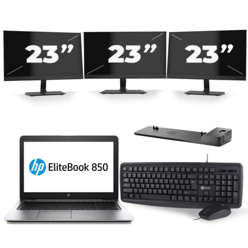 Refurbished HP EliteBook 850 G3 - Intel Core i7-6e Generatie - 15 inch - 8GB RAM - 256GB SSD - Windows 11 + 3x 23 inch Monitor Tweedehands